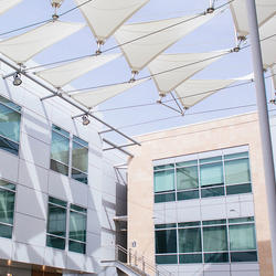 flags over a building courtyard